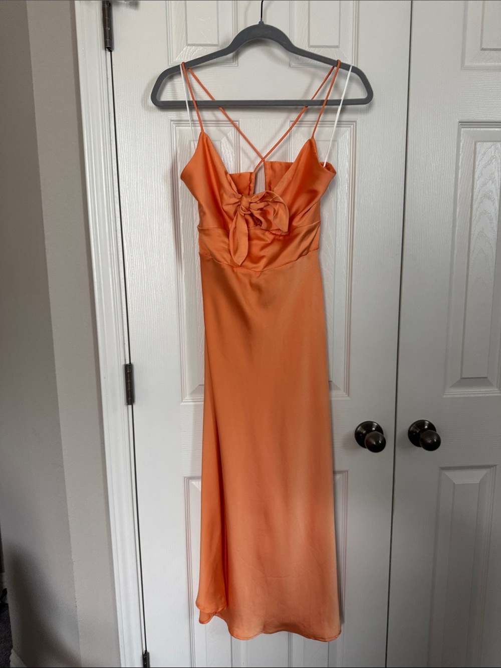 Hello Molly Orange Satin Slip Dress with Floral Bust Detail
